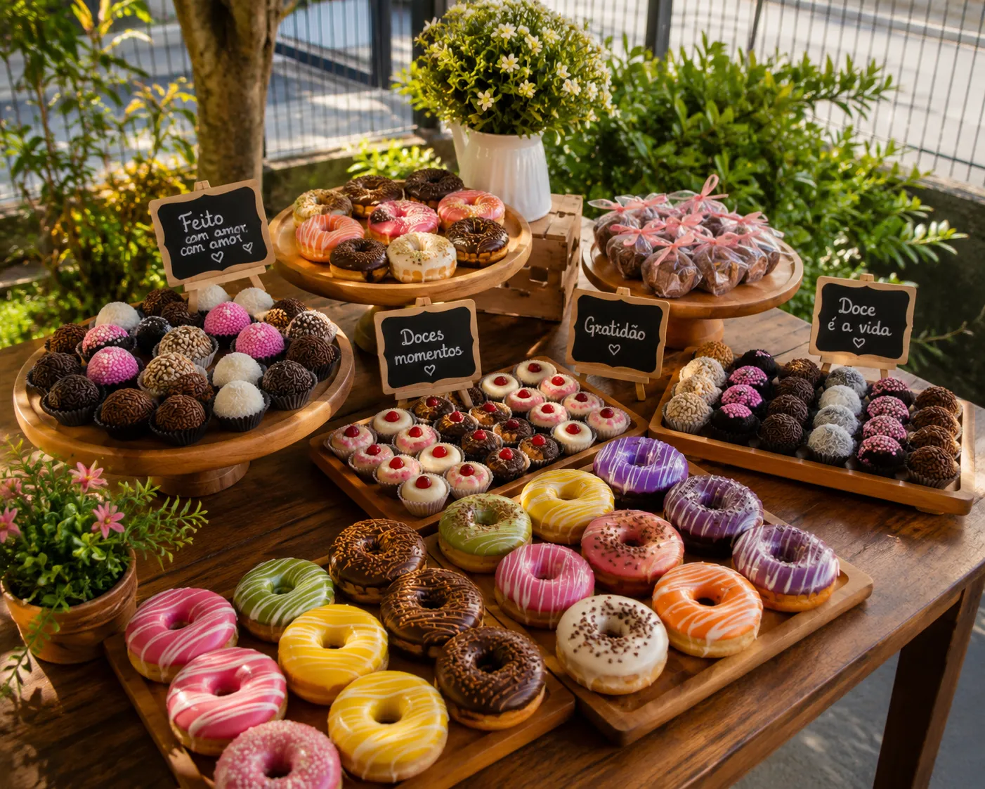 Mesa de doces artesanais, bolos personalizados e bento cakes da Enrolados Gourmet em Gravataí
